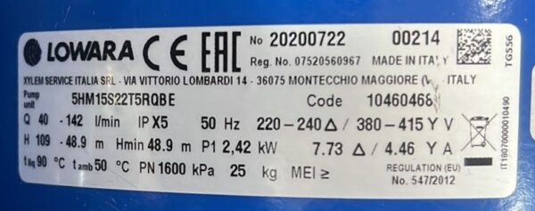 Lowara 5HM15S22T5RQBE, Lowara-dan oxlu yivli girişi və radial yivli çıxışı olan, özü doldurmayan, son emiş üfüqi çoxpilləli, yüksək təzyiqli mərkəzdənqaçma nasosdur. Nasoslar bir-birinə sıx bağlanmış dizayndır və qeyri-standart Lowara mühərrikləri ilə təchiz edilmişdir. e-HM™ mexaniki möhürlə təchiz edilmişdir.